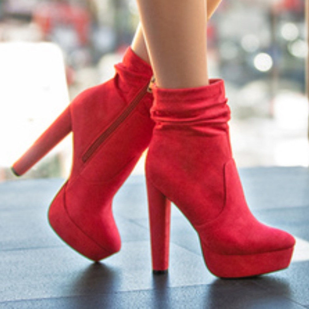 Red platform booties.